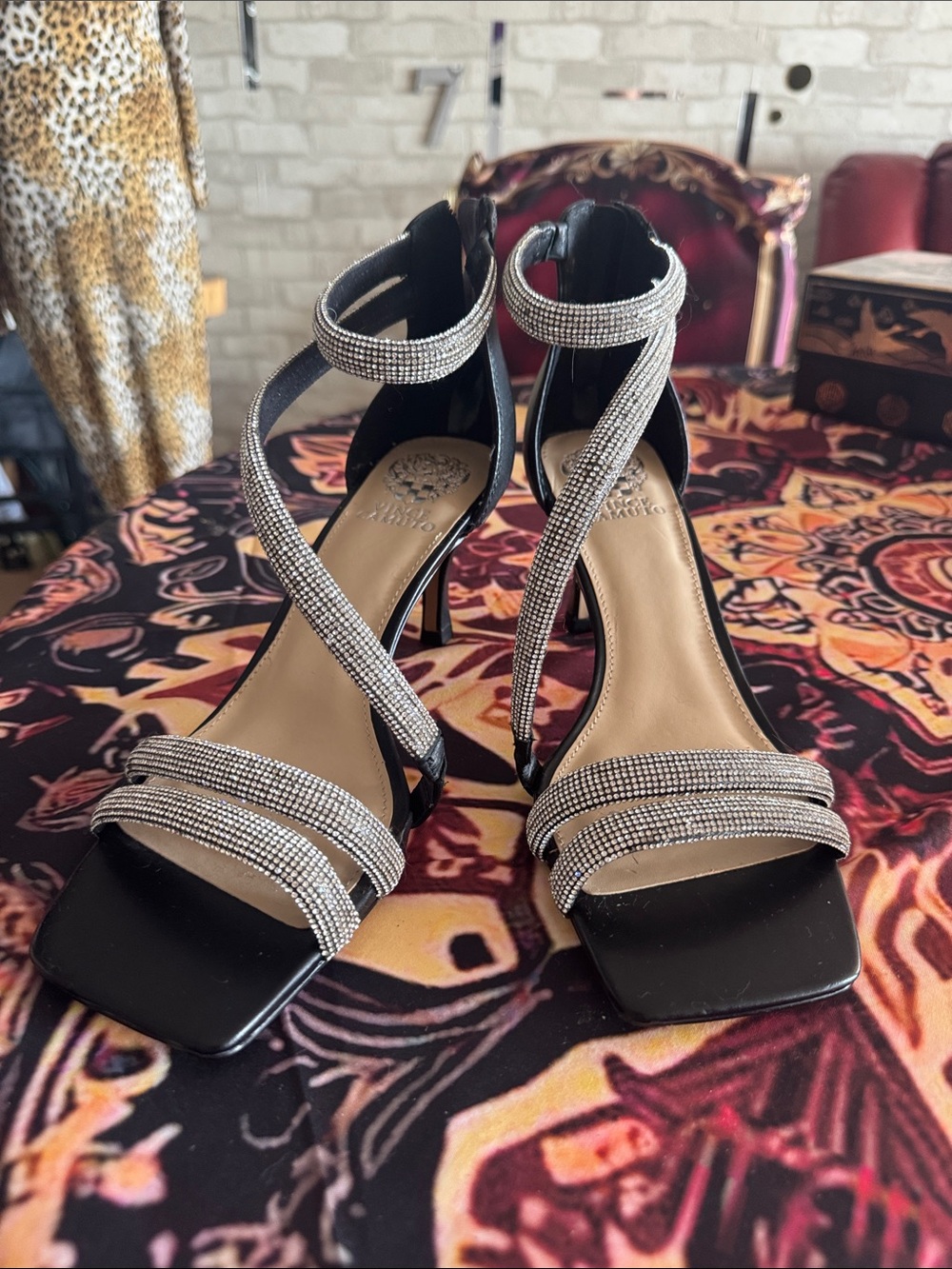 Crystal-Strap Black Women's Heeled Sandals